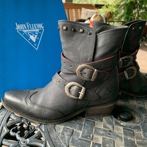 Fluevog “Ruth” double buckle ankle boots, 8.5